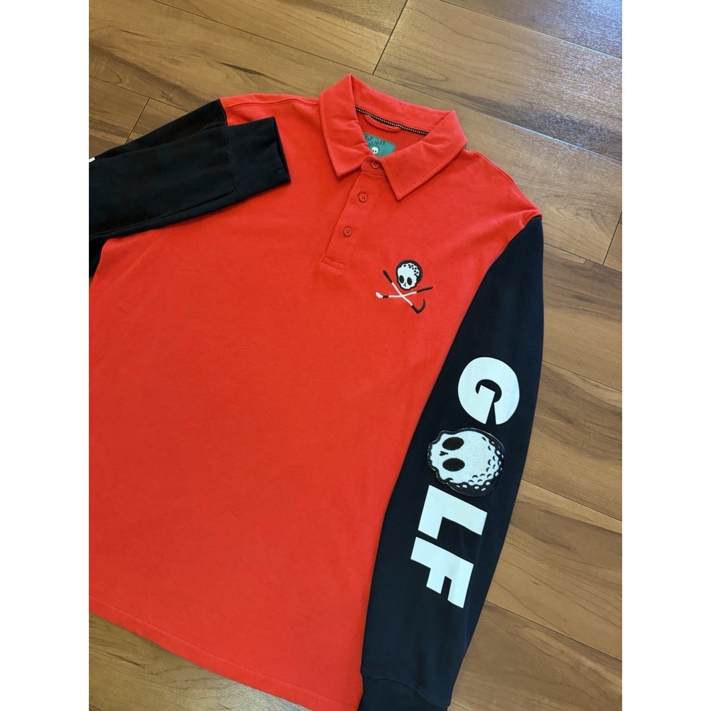 NWT Bad Mulligan Golf Long Sleeve Polo Rugby Skull Red Black Men's Size Large
